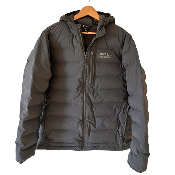 Eddie Bauer Mens 650 Fill Down Hooded Puffer Jacket Size L Dark Smoke 80% Down - Picture 1 of 14